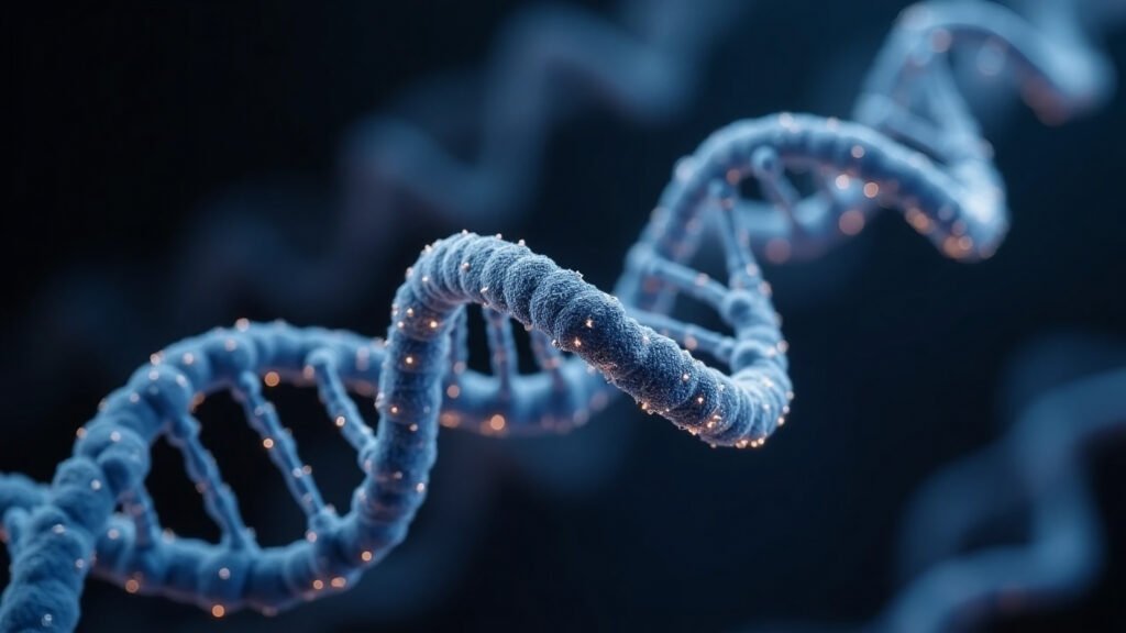 Digital representation of mitochondrial DNA used to illustrate the mare’s genetic contribution to stamina, recovery, and energy metabolism in foals.