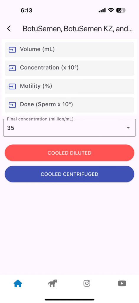 Learn Equine Semen Analysis Botupharma USA app calculation screen for volume, concentration, motility, and dose inputs