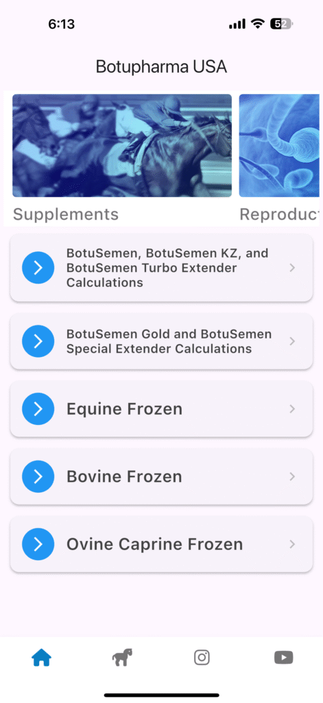 Learn Equine Semen Analysis Botupharma USA app home screen showing extender calculation options for equine, bovine, and caprine semen